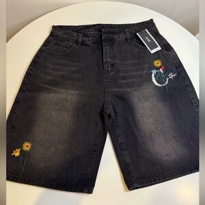 Emmiol Men’s Embroidered Flower Loose Denim Shorts SIZE XL